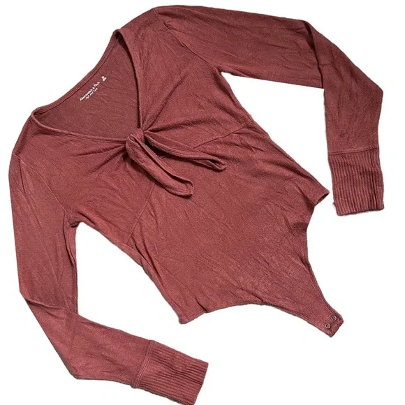 ABERCROMBIE & FITCH BURNT ORANGE SOFT LONG SLEEVE V NECK TIE FRONT BODYSUIT - Picture 3 of 10